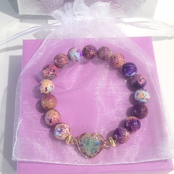 Bracelet Purple Heart Bracelet Jasper Beaded Bracelet Christmas Gift Ready - Picture 3 of 8